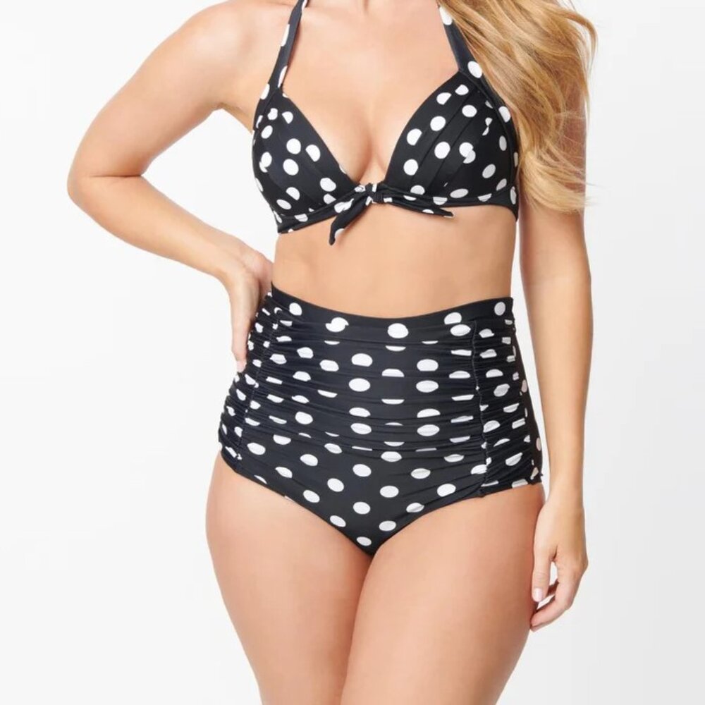 Unique Vintage High-Waist Black & White Polka Dot Swim Bottom - Picture 5 of 5